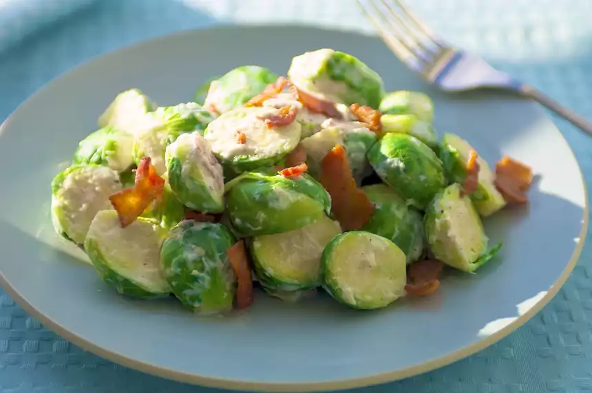 Creamy Brussels Sprouts with Bacon Horseradish Sauce