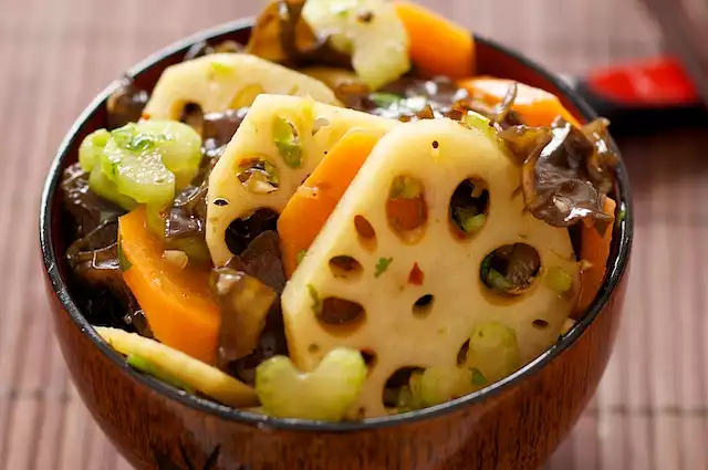 Lotus Root and Wood Ear Salad with Soy-Ginger Dressing