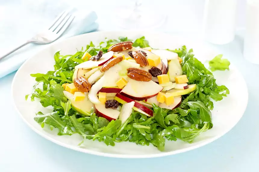 Arugula, Apple and Cheddar Salad with Maple Candied Pecans