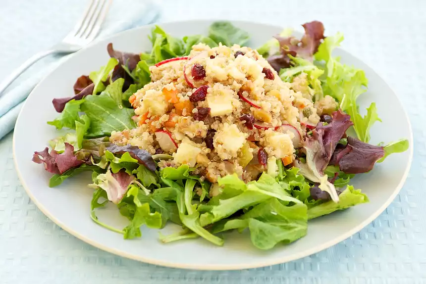 Quinoa, Apple, and Cheddar Salad with Mixed Greens