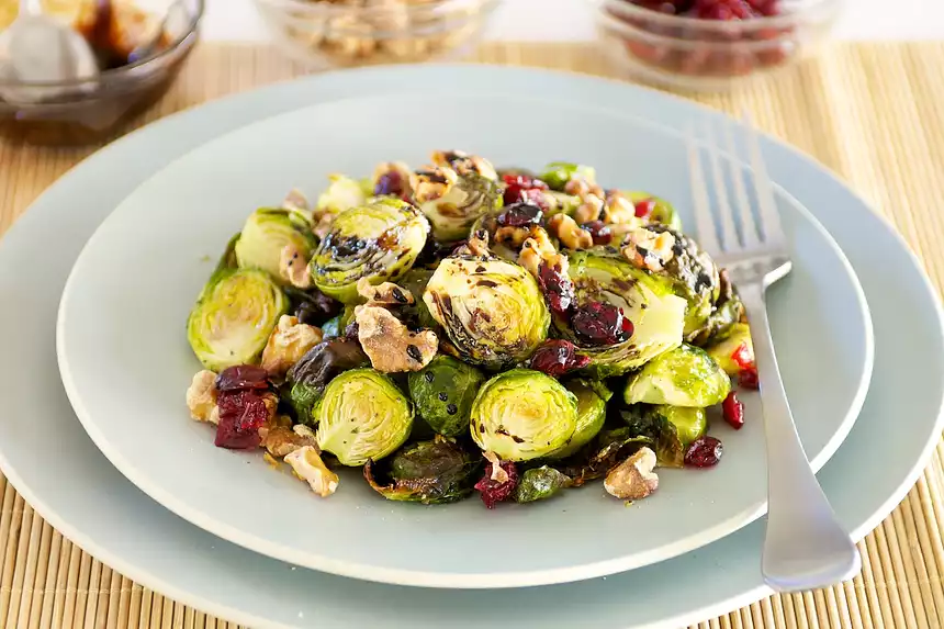 Roasted Brussels Sprouts with Walnuts, Cranberries and Balsamic Glaze
