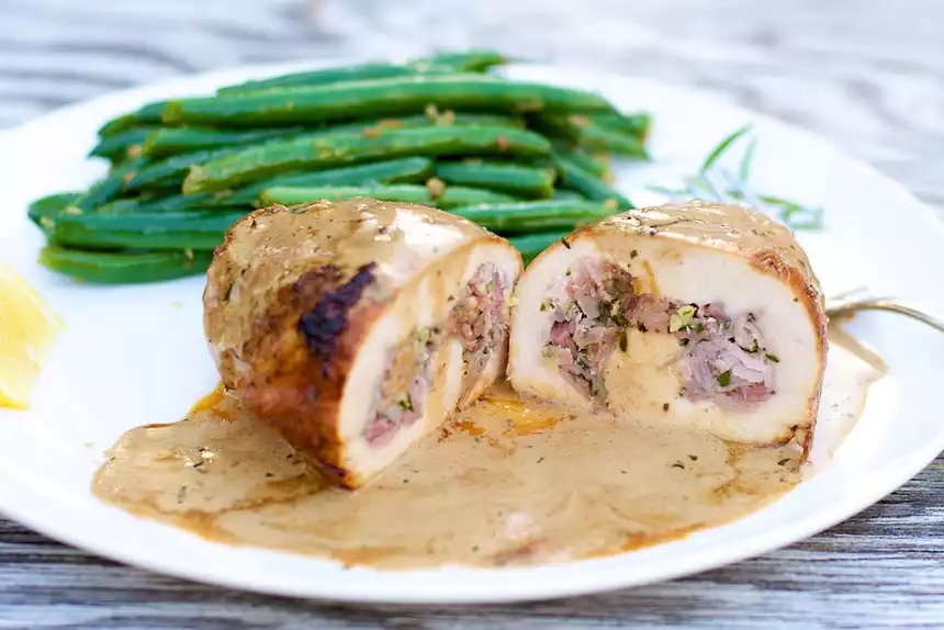 Chicken Breasts Stuffed with Garlic, Ginger, Ham and Tarragon