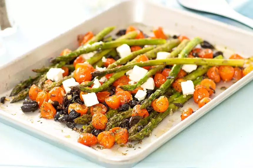 Roasted Asparagus with Cherry Tomatoes, Olives and Feta 
