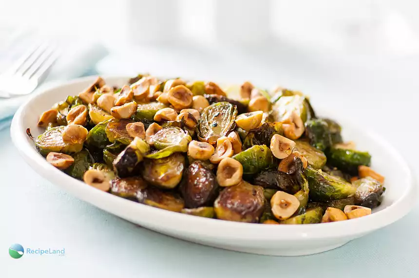 Maple Roasted Brussel Sprouts With Toasted Hazelnuts